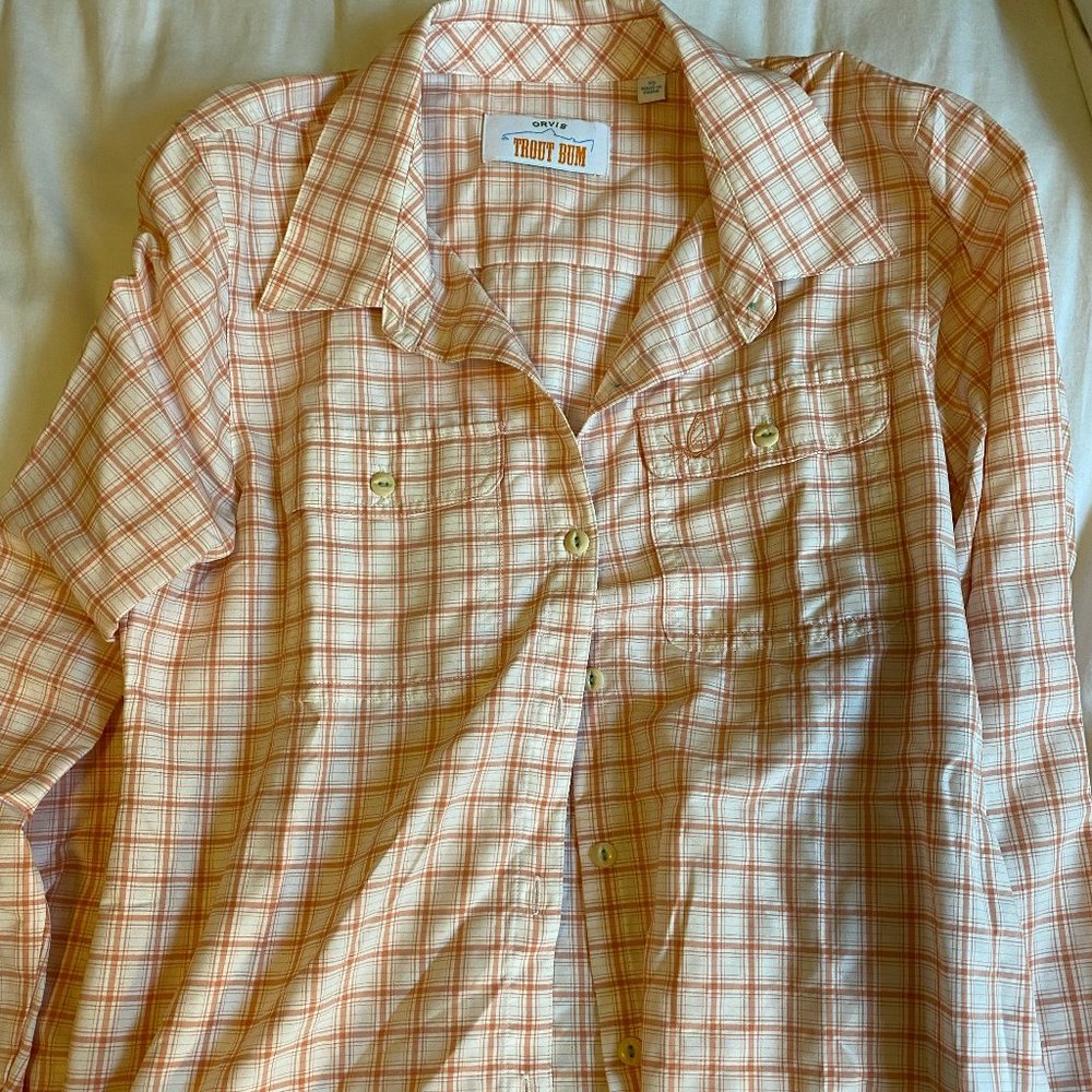 Orvis Trout Bum women's button down like-new size extra small peach plaid